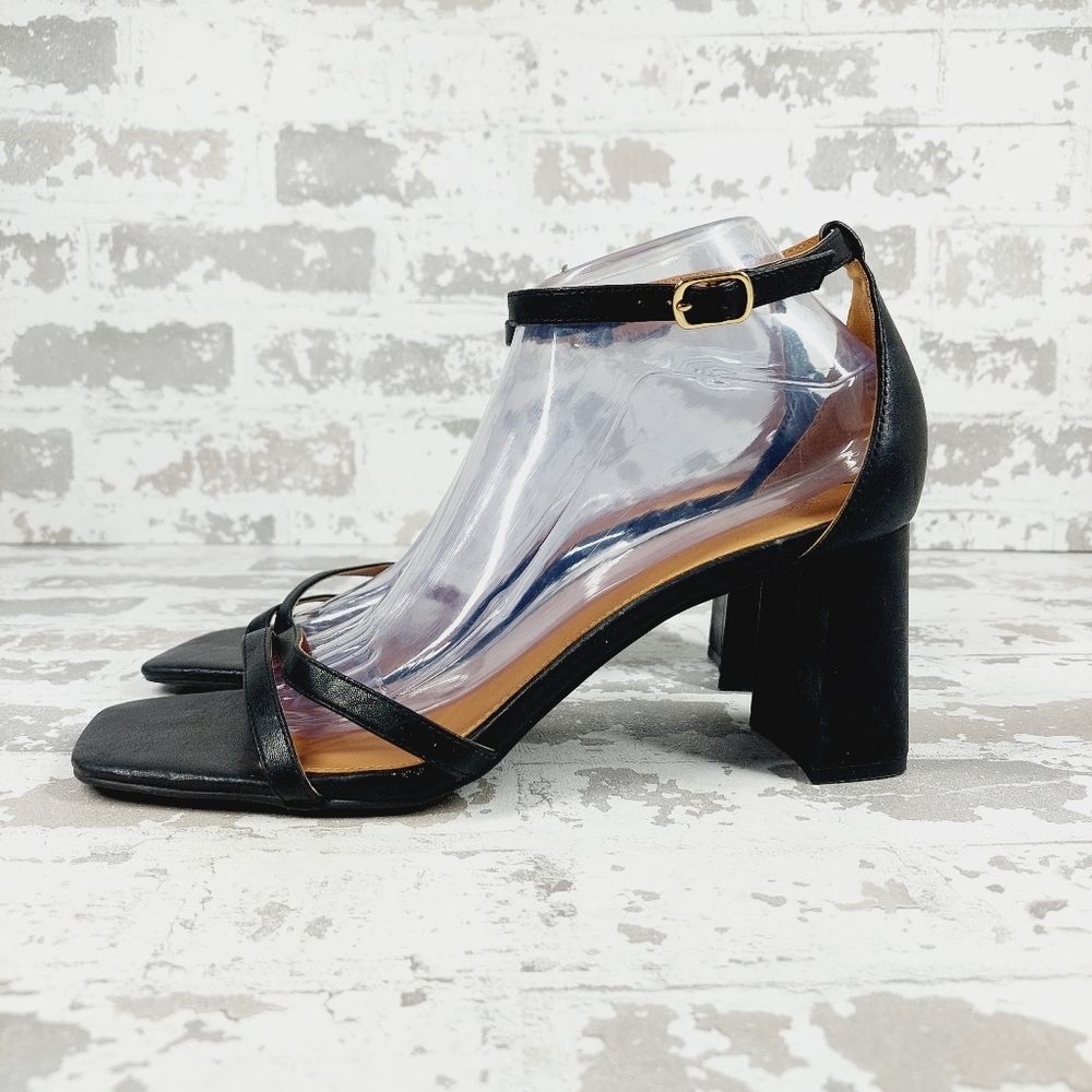 New Nordstrom Rack Kellie Black Faux Leather Ankle Strap Heels X295